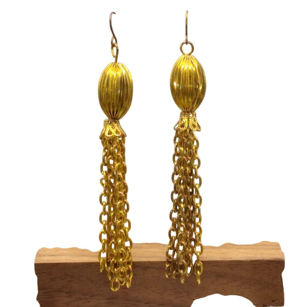 Elongated Fluted Bead Tassel Earrings, Vintage Gold Tone Shoulder Duster Dangles